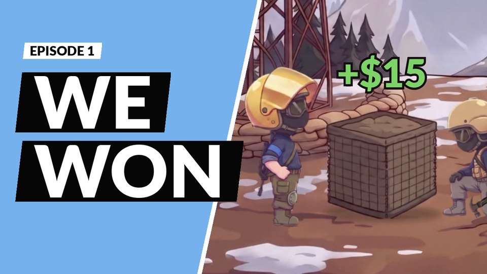 Episode 1: WE WON. Buck stands by a new wall block with +$15 over it while a builder hammers.
